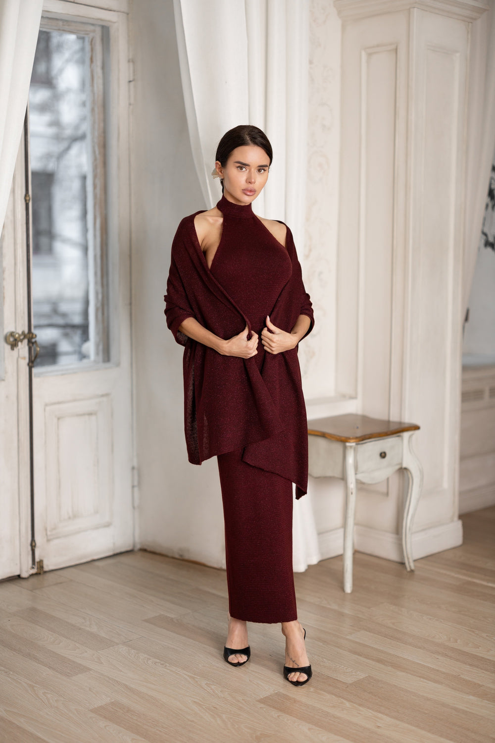 Salomé Halter Maxi & Cardigan Set in Burgundy