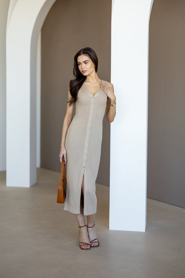Léonie Buttoned Knit Midi Dress – Beige