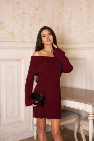 Noor Off-Shoulder Knit Dress – Burgundy