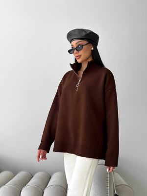 Maren Half-Zip Tunic Sweater – Brown