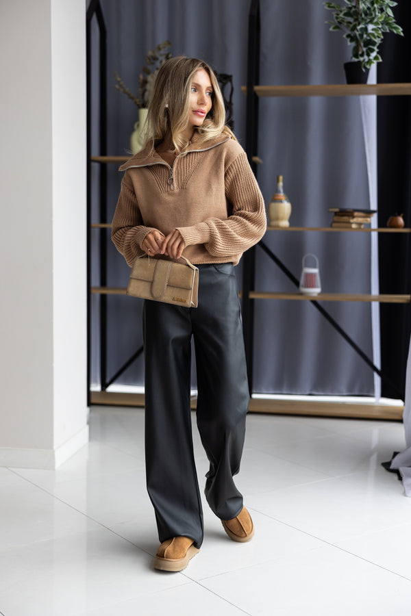 Éliane Half-Zip Cropped Sweater – Camel