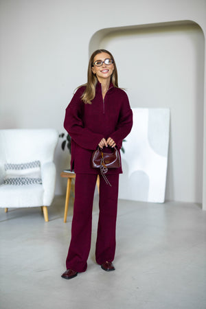 Agathe Half-Zip Knit Set – Burgundy