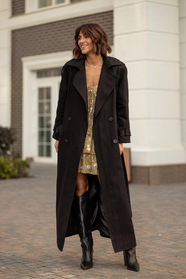 Dorothée Belted Faux-Leather Trench – Brown