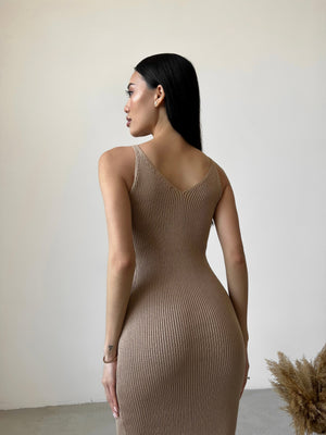 Isaure Ribbed Knit Midi Dress – Camel