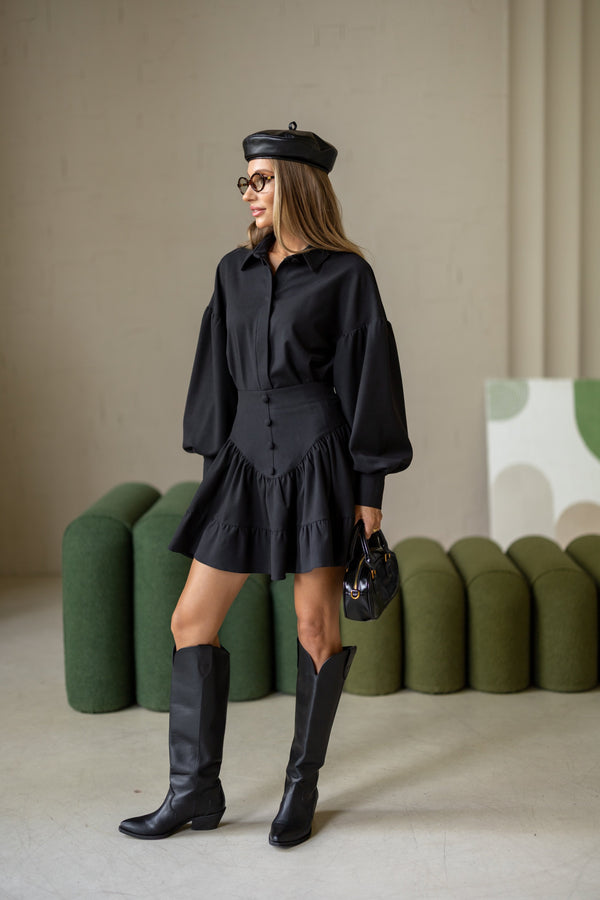 Odile Shirt & Pleated Skirt Set – Black