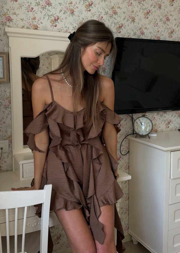 Mocha Buruşuk Saten Volanlı Tulum