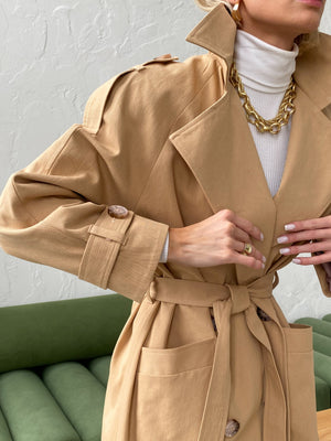 Dorothée Belted Faux-Leather Trench – Camel