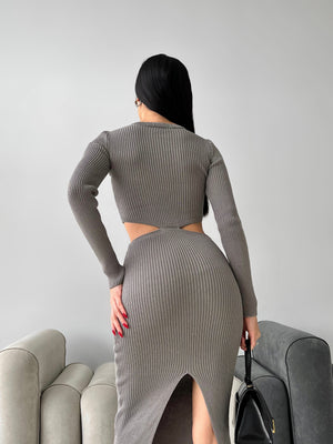 Nadia Ribbed Cut-Out Knit Set – Grey