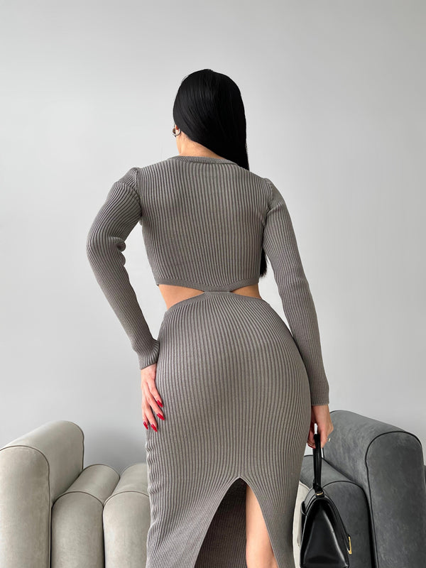 Nadia Ribbed Cut-Out Knit Set – Grey