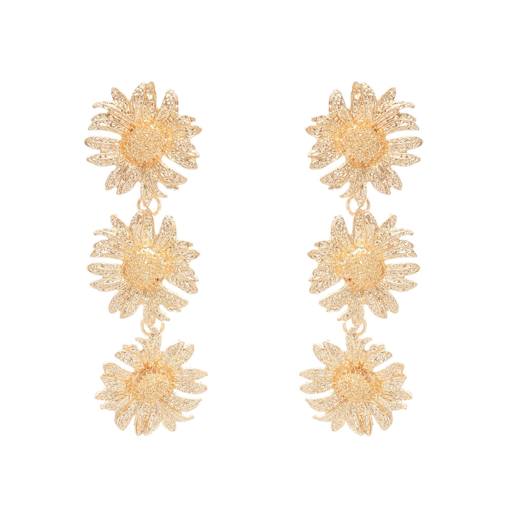 Triple Daisy Drop Earrings in Gold Finish
