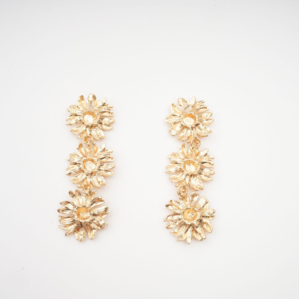 Triple Daisy Drop Earrings in Gold Finish