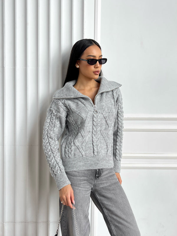 Vera Cable Half-Zip Sweater – Grey