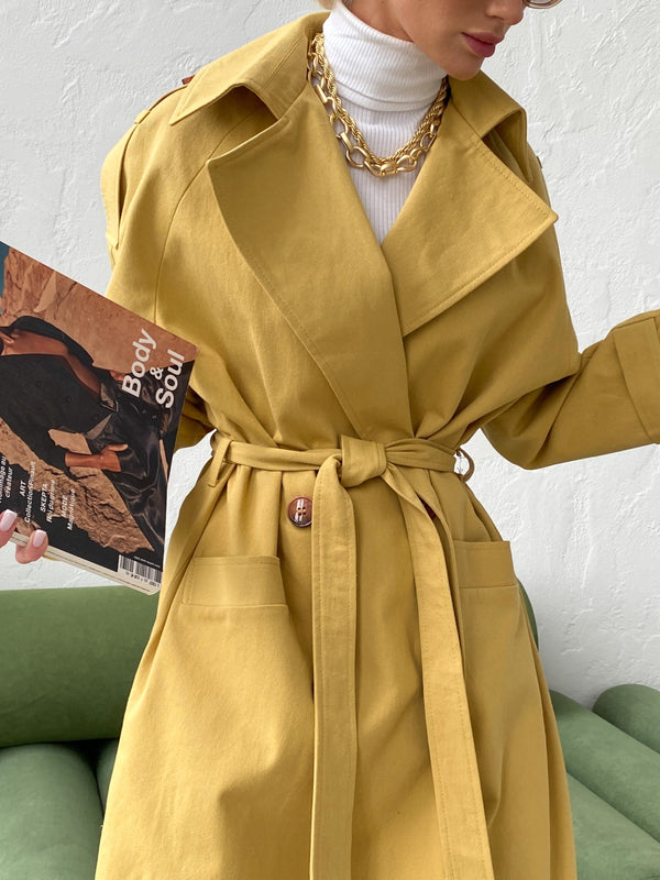 Dorothée Belted Faux-Leather Trench – Mustard