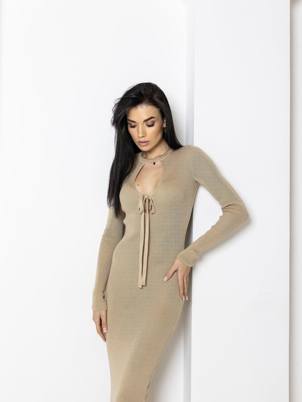 Manon Ribbed Midi Dress – Beige