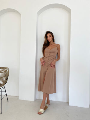 Nolwenn Buttoned Satin Slip Dress – Camel