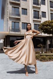 Rosine Satin Bustier Midi Dress in Beige