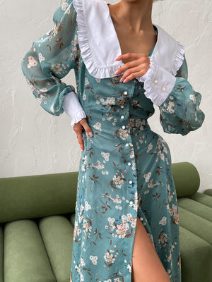 Domitille Collared Floral Midi Dress – Green