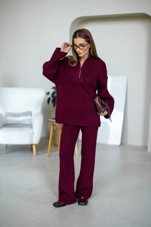 Agathe Half-Zip Knit Set – Burgundy
