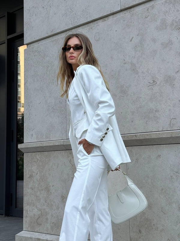 Ghislaine Pinstripe Suit Set – White