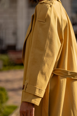 Dorothée Belted Faux-Leather Trench – Mustard