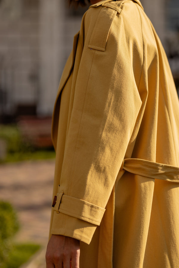 Dorothée Belted Faux-Leather Trench – Mustard