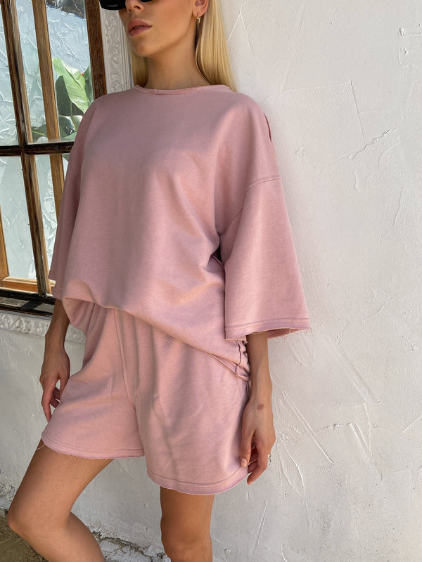 Isaline Oversized Tee & Shorts Set – Powder Pink