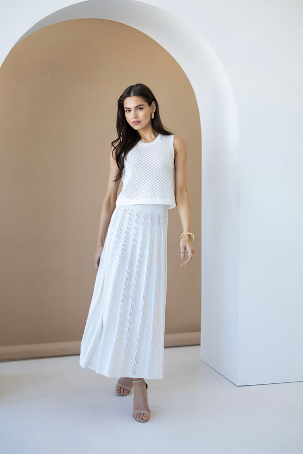 Ophélie Knit Top & Pleated Skirt Set – Milk White