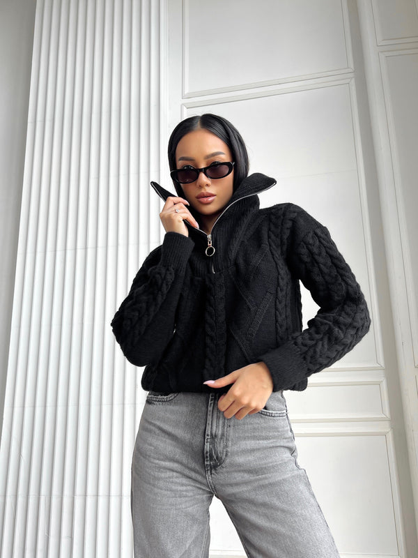 Vera Cable Half-Zip Sweater – Black
