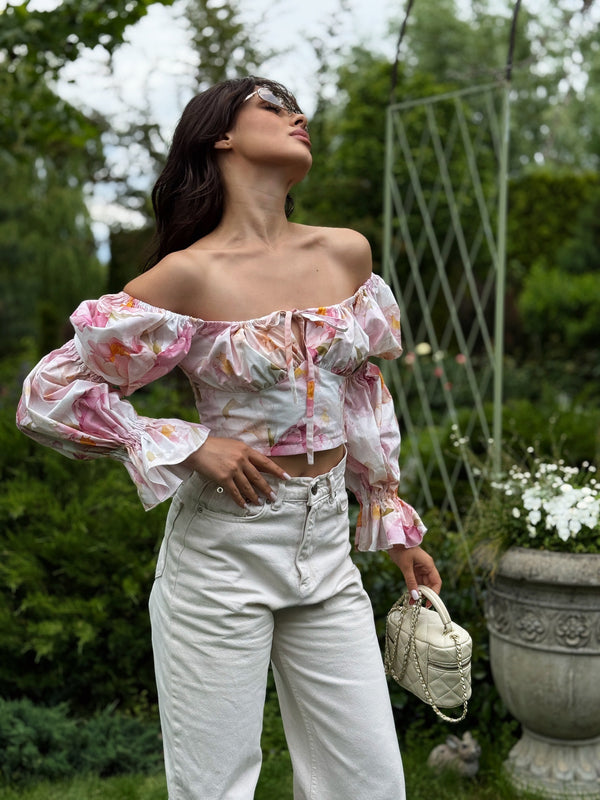 Sylvaine Off-Shoulder Printed Crop Top