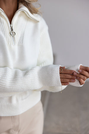 Éliane Half-Zip Cropped Sweater – Milk White