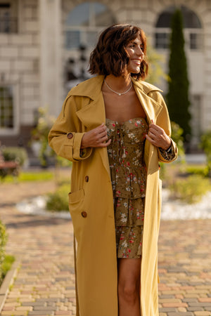 Dorothée Belted Faux-Leather Trench – Mustard