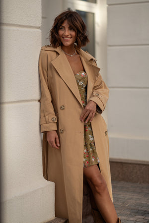 Dorothée Belted Faux-Leather Trench – Camel