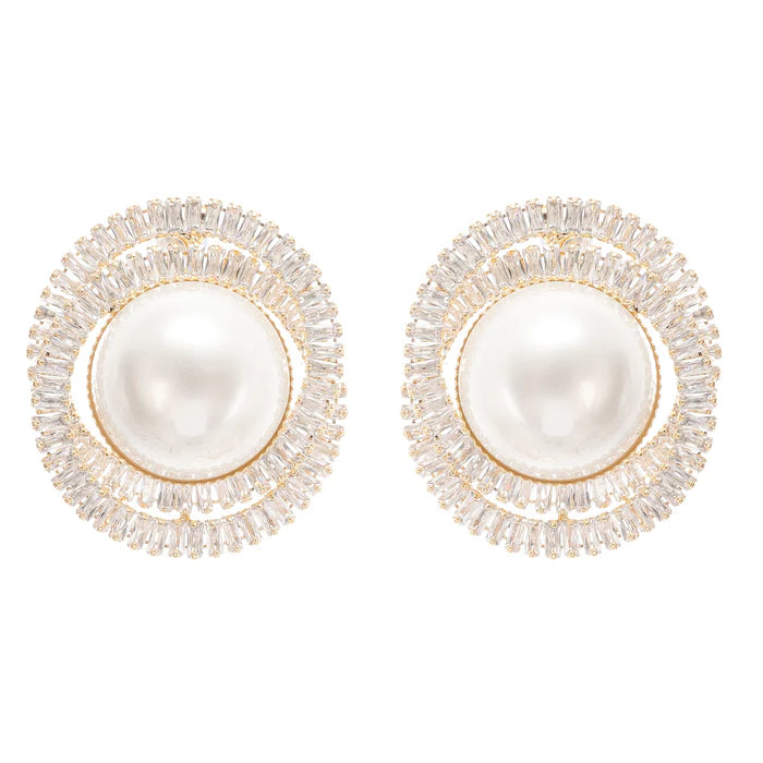 Oval Crystal Pearl Stud Earrings