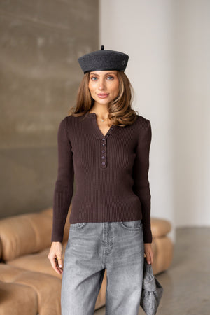 Elise Buttoned Knit Top – Brown