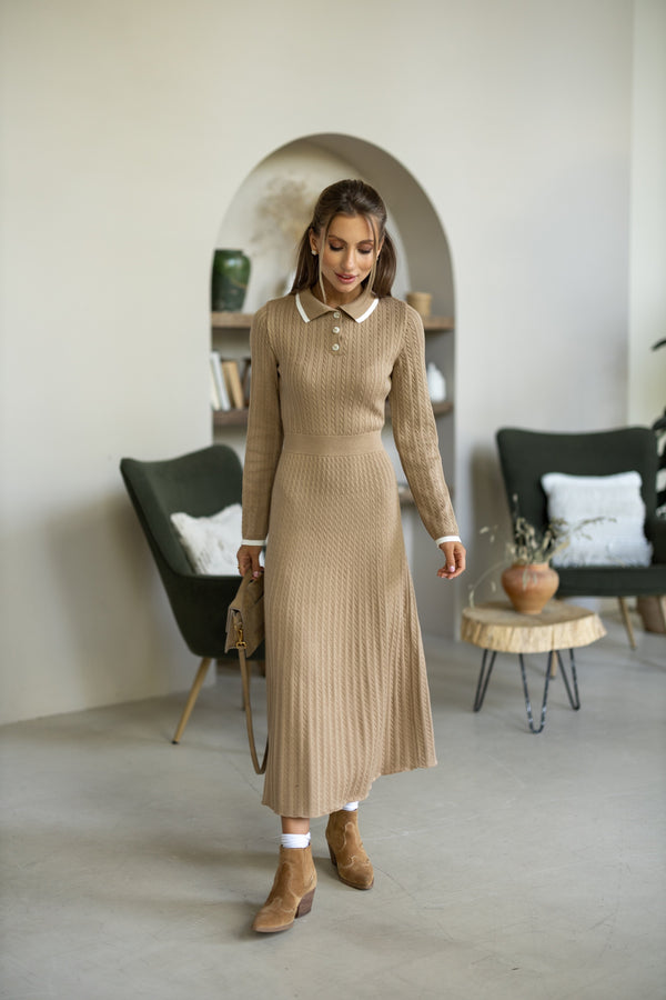 Constance Contrast-Collar Knit Midi Dress – Camel