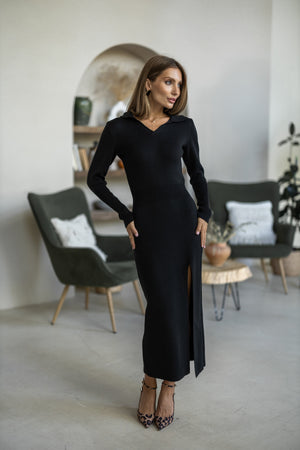 Sylvie Collared Knit Midi Dress – Black