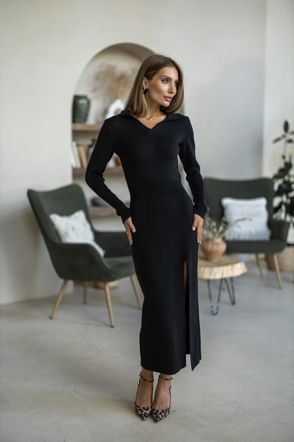 Sylvie Collared Knit Midi Dress – Black