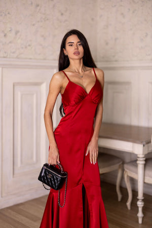Elodie Fluted Slip Dress – Red