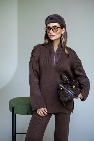 Agathe Half-Zip Knit Set – Brown