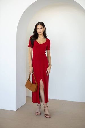Isadora Slit Knit Maxi Dress – Red