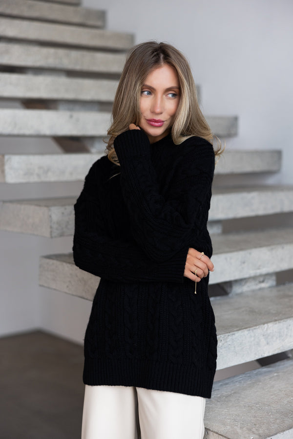 Mireille Cable Knit Sweater – Black