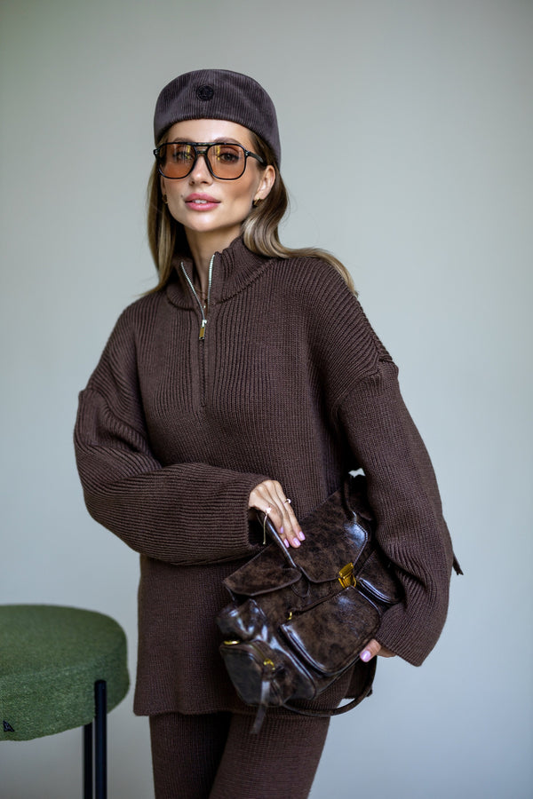 Agathe Half-Zip Knit Set – Brown