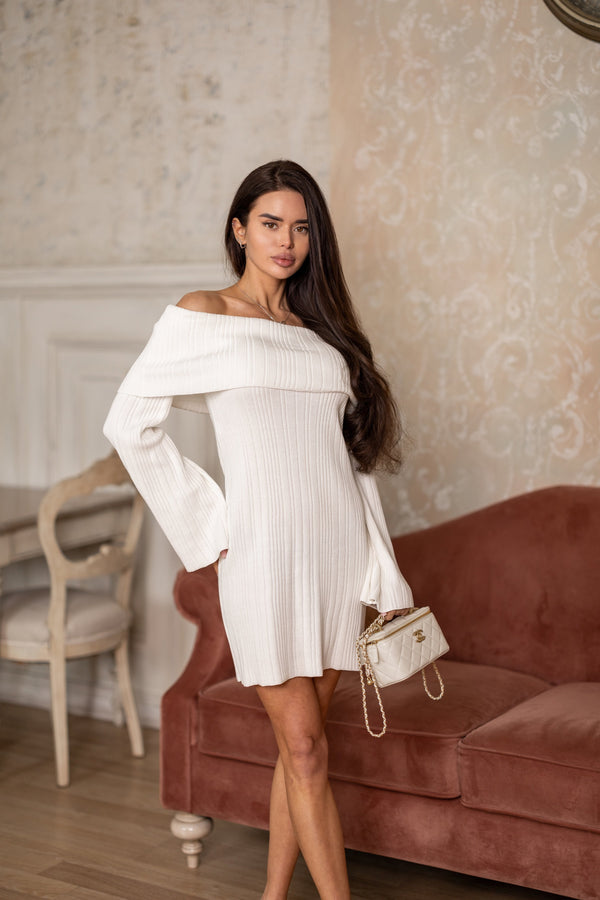 Noor Off-Shoulder Knit Dress – Milk White