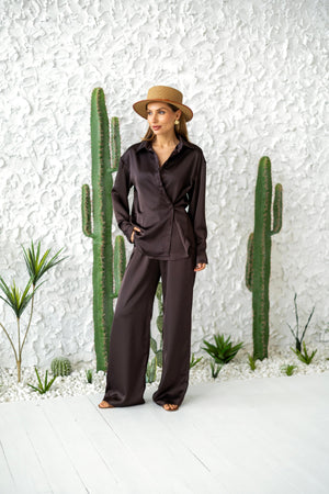 Armelle Satin Shirt & Trouser Set – Brown