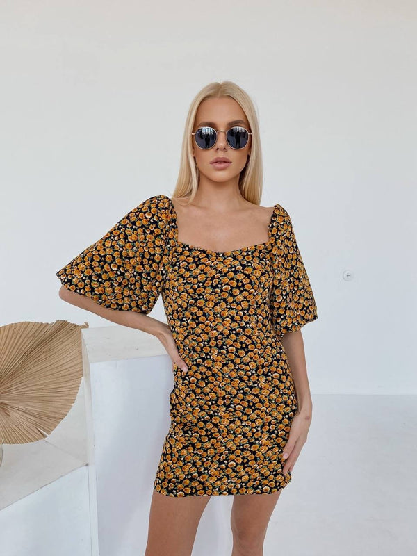Sylvette Off-Shoulder Satin Mini Dress – Orange Floral