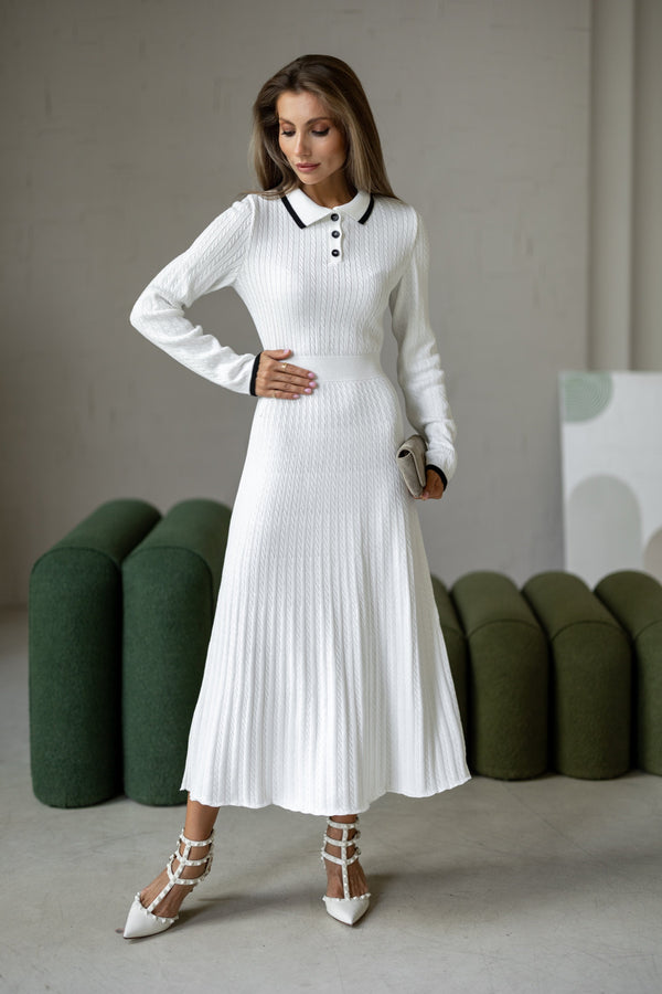 Constance Contrast-Collar Knit Midi Dress – White