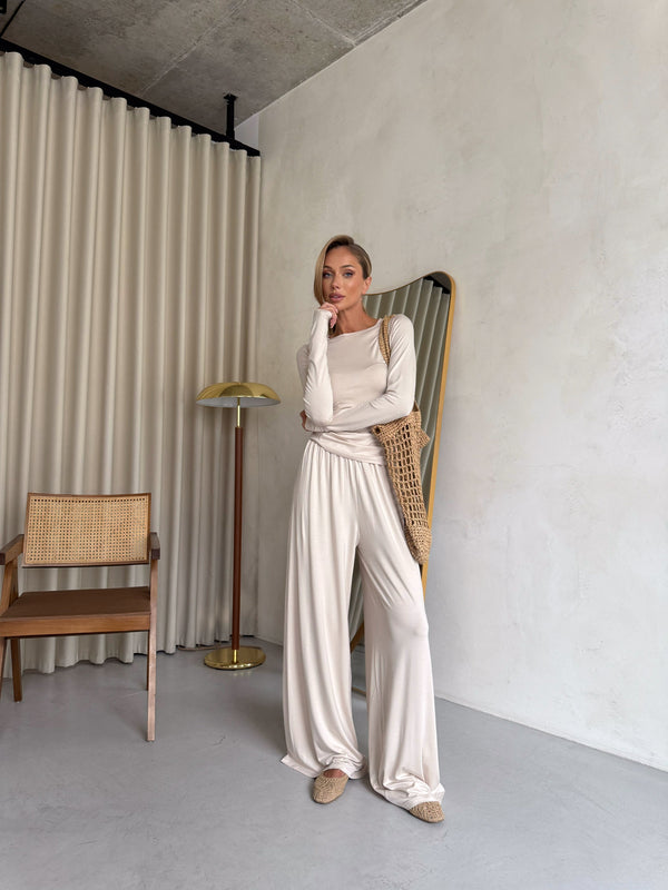 Angeline Knit Cardigan, Top & Trouser Set – Cream