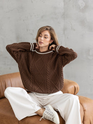 Beatrice Contrast-Trim Cable Sweater – Brown