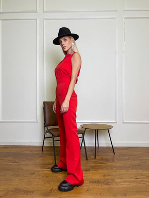 Hortense Sleeveless Top & Flare Trouser Set – Red