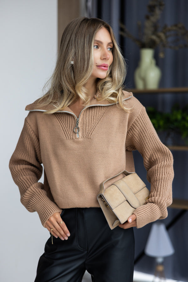 Éliane Half-Zip Cropped Sweater – Camel